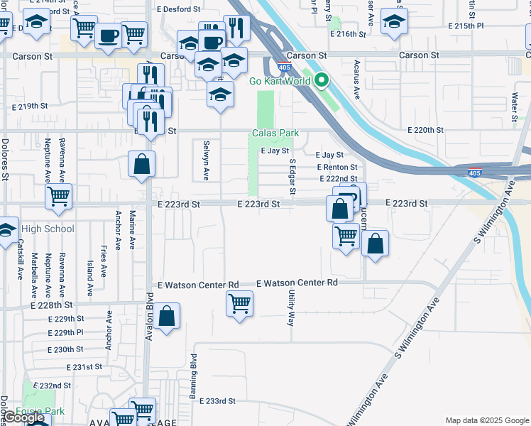 map of restaurants, bars, coffee shops, grocery stores, and more near 1000 East 223rd Street in Carson