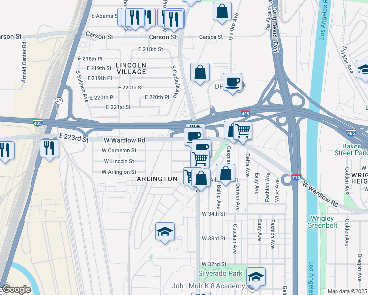 map of restaurants, bars, coffee shops, grocery stores, and more near 1801 West Cameron Street in Long Beach