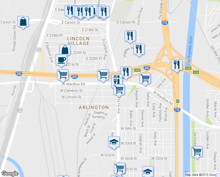 map of restaurants, bars, coffee shops, grocery stores, and more near 1801 West Cameron Street in Long Beach