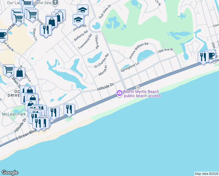 map of restaurants, bars, coffee shops, grocery stores, and more near 926 North Hillside Drive in North Myrtle Beach