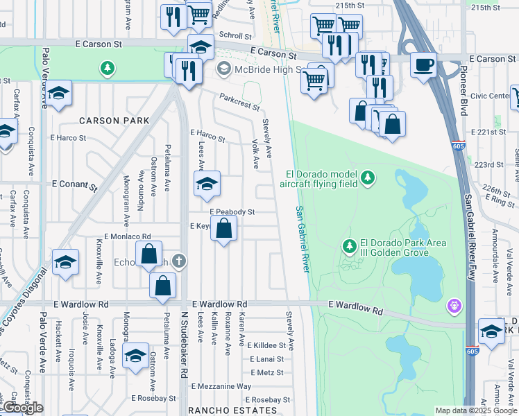 map of restaurants, bars, coffee shops, grocery stores, and more near 7129 East Peabody Street in Long Beach