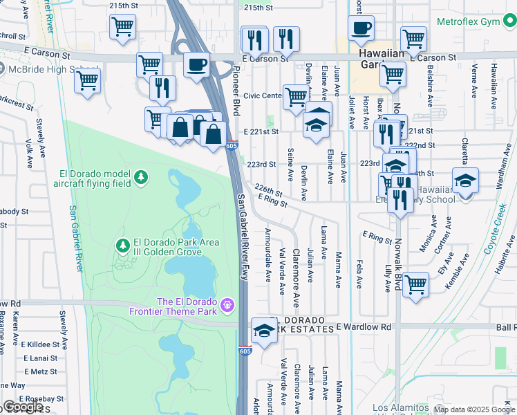 map of restaurants, bars, coffee shops, grocery stores, and more near 7854 East Crest Circle in Long Beach