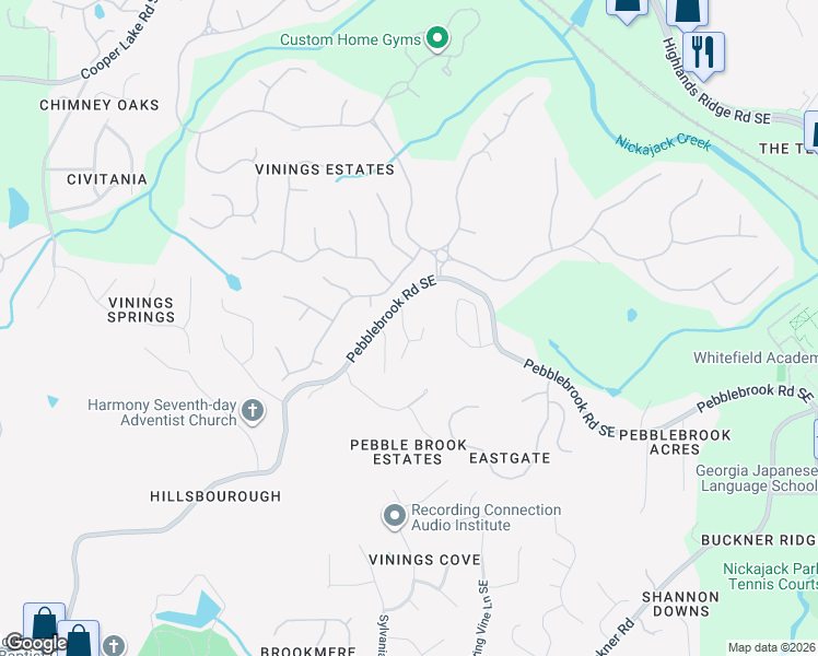map of restaurants, bars, coffee shops, grocery stores, and more near 952 Pebblebrook Road Southeast in Mableton