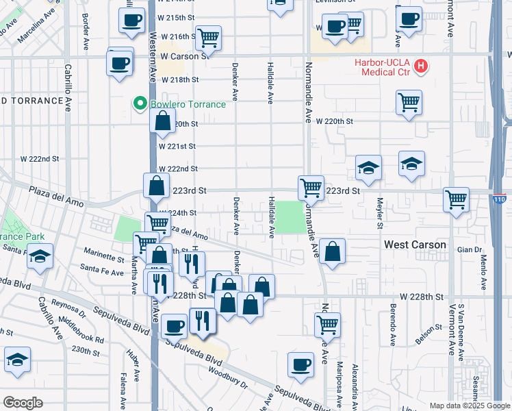 map of restaurants, bars, coffee shops, grocery stores, and more near 1425 West 224th Street in Torrance