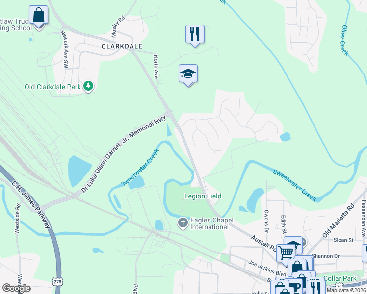 map of restaurants, bars, coffee shops, grocery stores, and more near 5340 Austell Powder Springs Road Southwest in Austell