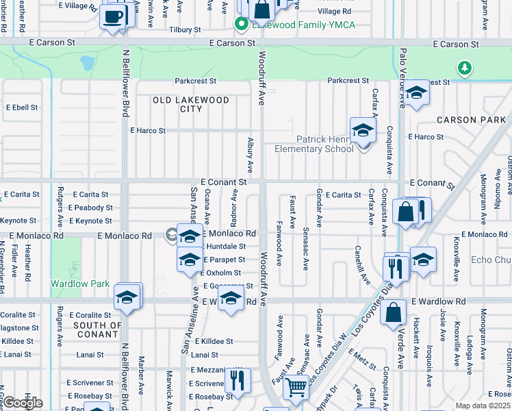 map of restaurants, bars, coffee shops, grocery stores, and more near 3645 Woodruff Avenue in Long Beach