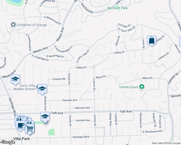 map of restaurants, bars, coffee shops, grocery stores, and more near 9531 Lemon Street in Villa Park
