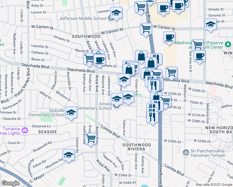 map of restaurants, bars, coffee shops, grocery stores, and more near 22549 Kent Avenue in Torrance