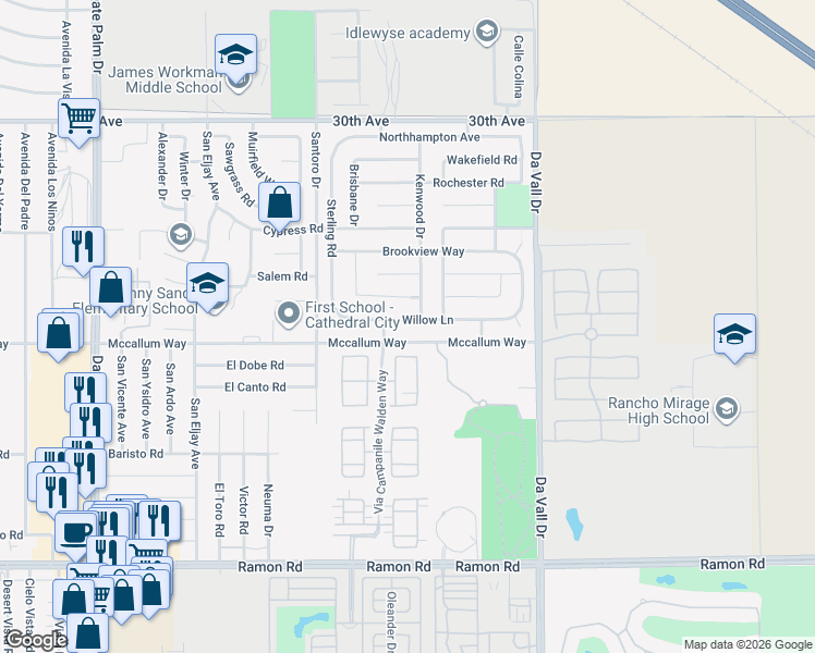 map of restaurants, bars, coffee shops, grocery stores, and more near 69700 Mccallum Way in Cathedral City