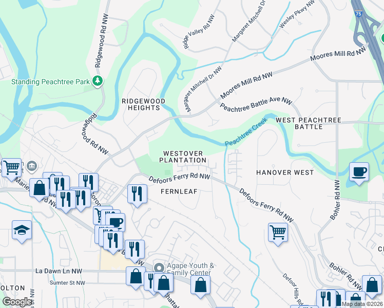 map of restaurants, bars, coffee shops, grocery stores, and more near 8 Queen Anne Place Northwest in Atlanta