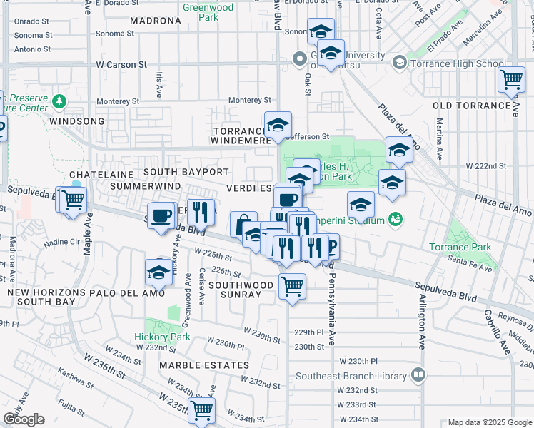 map of restaurants, bars, coffee shops, grocery stores, and more near 2355 Crenshaw Boulevard in Torrance