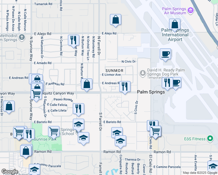 map of restaurants, bars, coffee shops, grocery stores, and more near 2720 East Tahquitz Canyon Way in Palm Springs