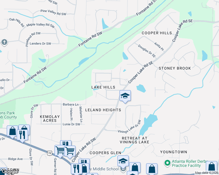 map of restaurants, bars, coffee shops, grocery stores, and more near 64 Driskell Avenue Southwest in Mableton