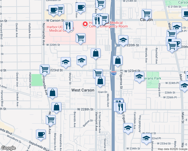 map of restaurants, bars, coffee shops, grocery stores, and more near 22325 South Vermont Avenue in Torrance