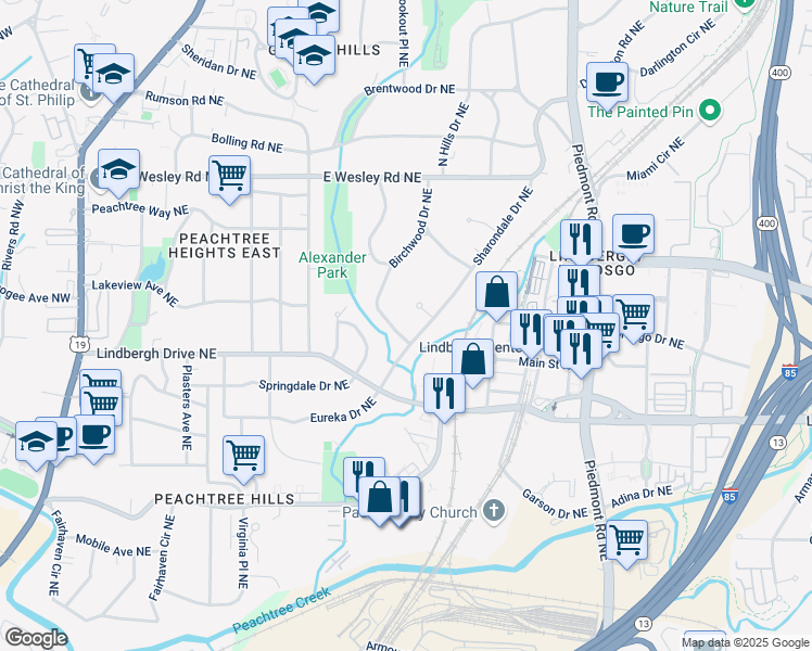 map of restaurants, bars, coffee shops, grocery stores, and more near 2517 Birchwood Drive Northeast in Atlanta