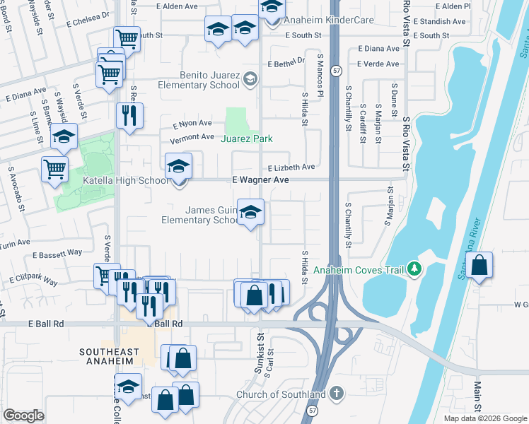 map of restaurants, bars, coffee shops, grocery stores, and more near in Anaheim