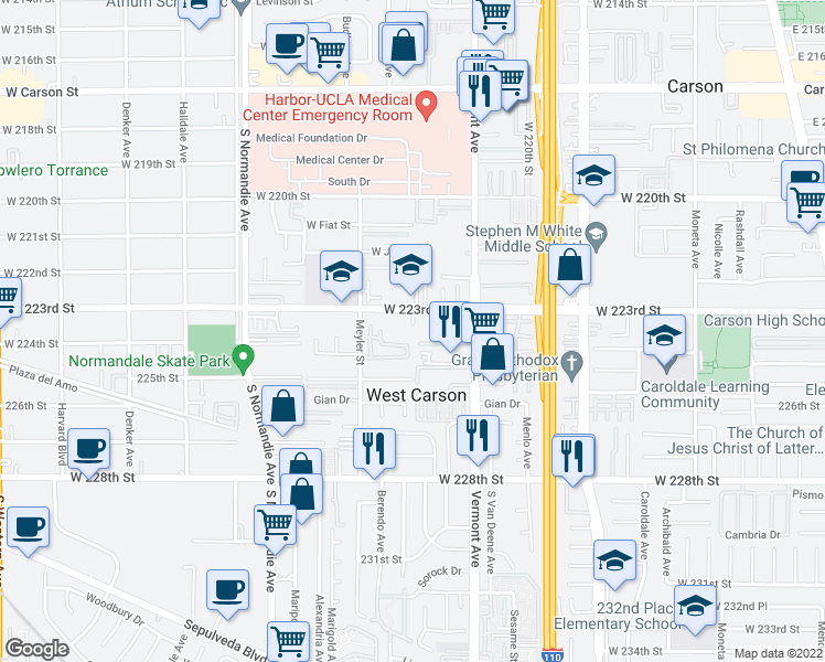 map of restaurants, bars, coffee shops, grocery stores, and more near 1002 West 223rd Street in Torrance