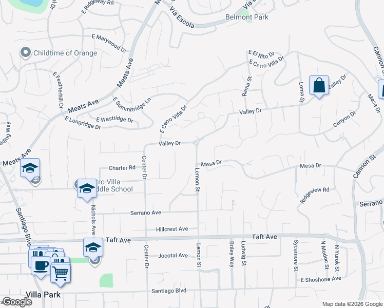 map of restaurants, bars, coffee shops, grocery stores, and more near 9531 Lemon Street in Villa Park