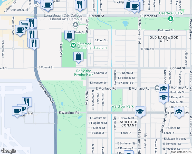 map of restaurants, bars, coffee shops, grocery stores, and more near 5135 East Peabody Street in Long Beach