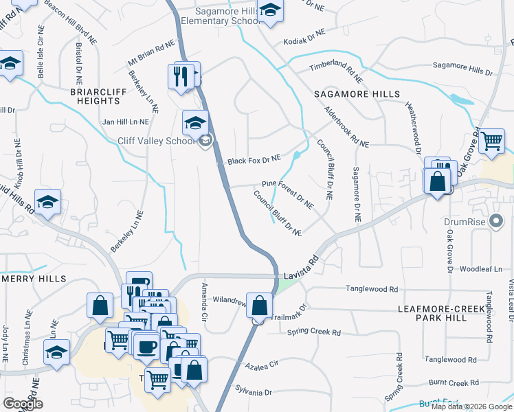 map of restaurants, bars, coffee shops, grocery stores, and more near 1361 Council Bluff Drive Northeast in Atlanta