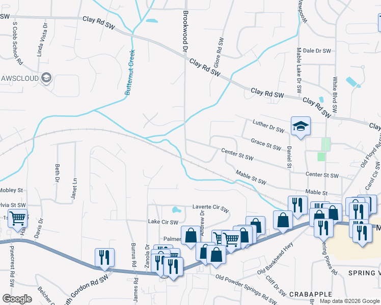 map of restaurants, bars, coffee shops, grocery stores, and more near 1336 Stella Circle Southwest in Mableton
