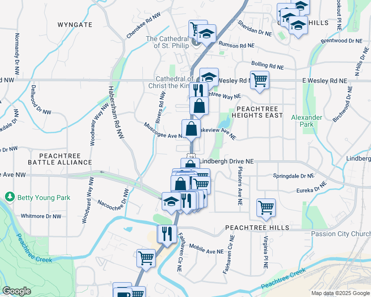 map of restaurants, bars, coffee shops, grocery stores, and more near 2520 Peachtree Road Northwest in Atlanta