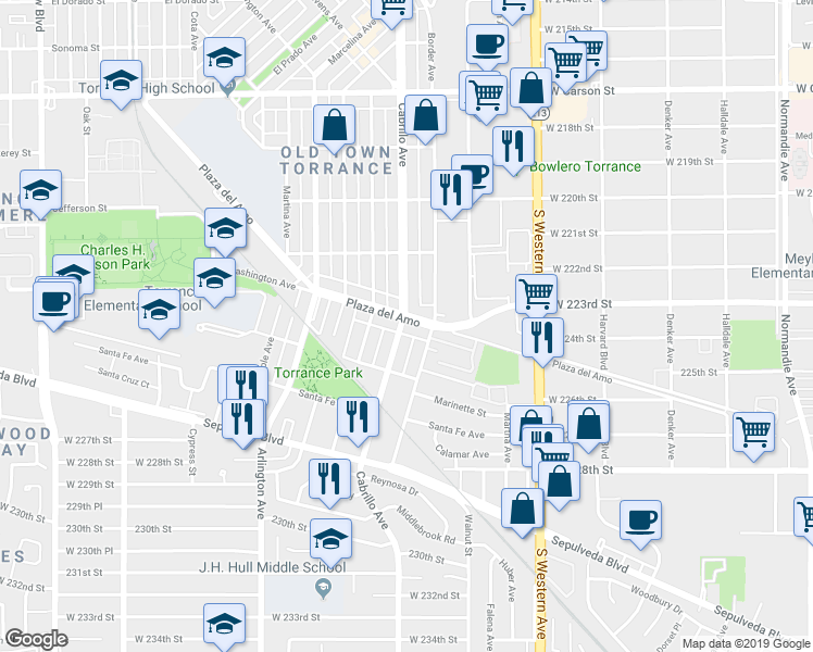map of restaurants, bars, coffee shops, grocery stores, and more near 1888 Plaza del Amo in Torrance