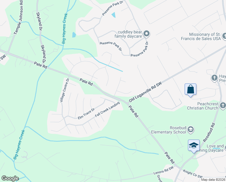 map of restaurants, bars, coffee shops, grocery stores, and more near 2005 Streamwood Drive in Loganville