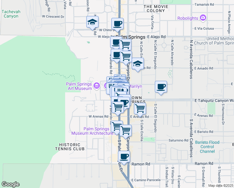 map of restaurants, bars, coffee shops, grocery stores, and more near 111 North Palm Canyon Drive in Palm Springs