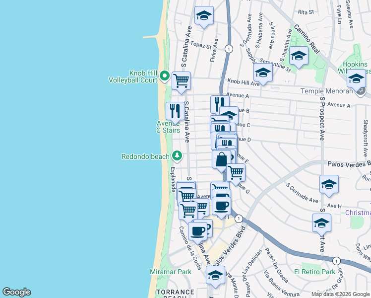 map of restaurants, bars, coffee shops, grocery stores, and more near 1219 South Catalina Avenue in Redondo Beach