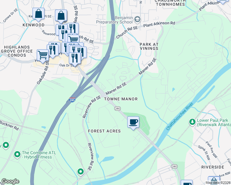 map of restaurants, bars, coffee shops, grocery stores, and more near 2304 Towneheights Terrace Southeast in Atlanta