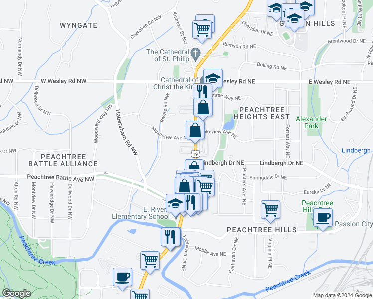map of restaurants, bars, coffee shops, grocery stores, and more near 2520 Peachtree Road Northwest in Atlanta