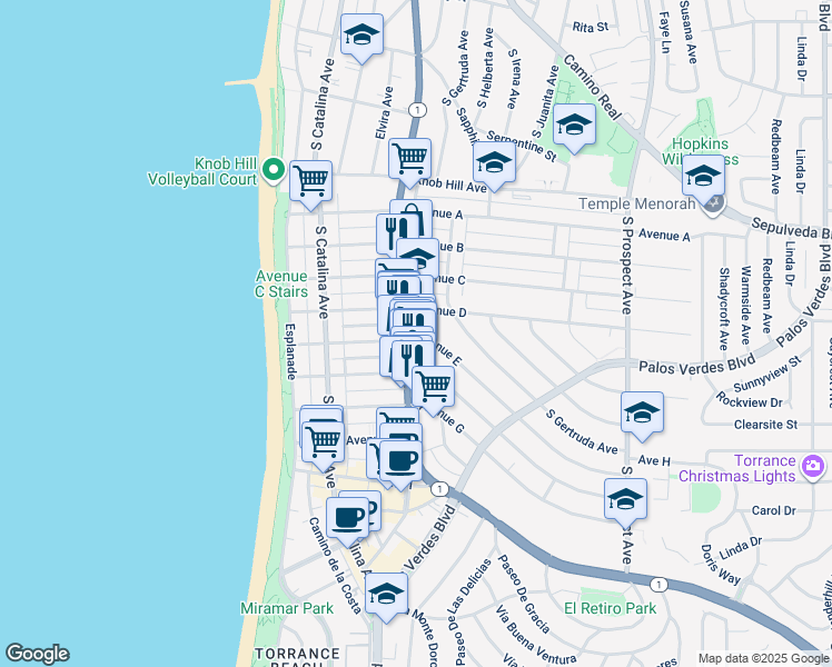 map of restaurants, bars, coffee shops, grocery stores, and more near 304 Avenue E in Redondo Beach