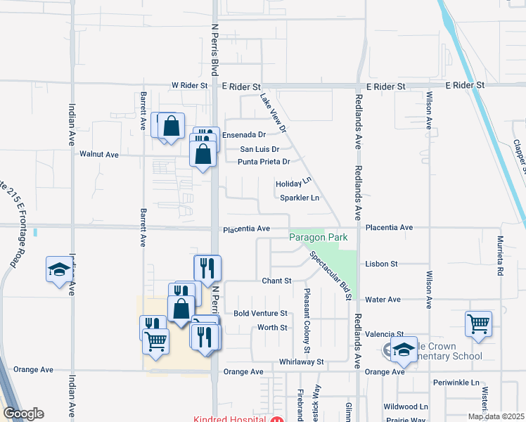 map of restaurants, bars, coffee shops, grocery stores, and more near 2827 Magellan Lane in Perris