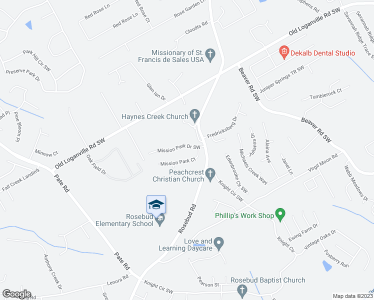 map of restaurants, bars, coffee shops, grocery stores, and more near 1632 Mission Park Drive Southwest in Loganville