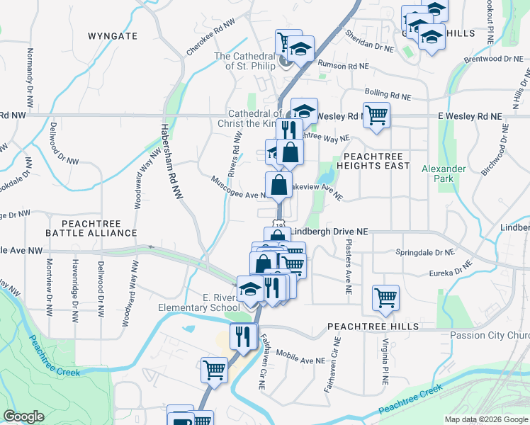 map of restaurants, bars, coffee shops, grocery stores, and more near 2520 Peachtree Road in Atlanta
