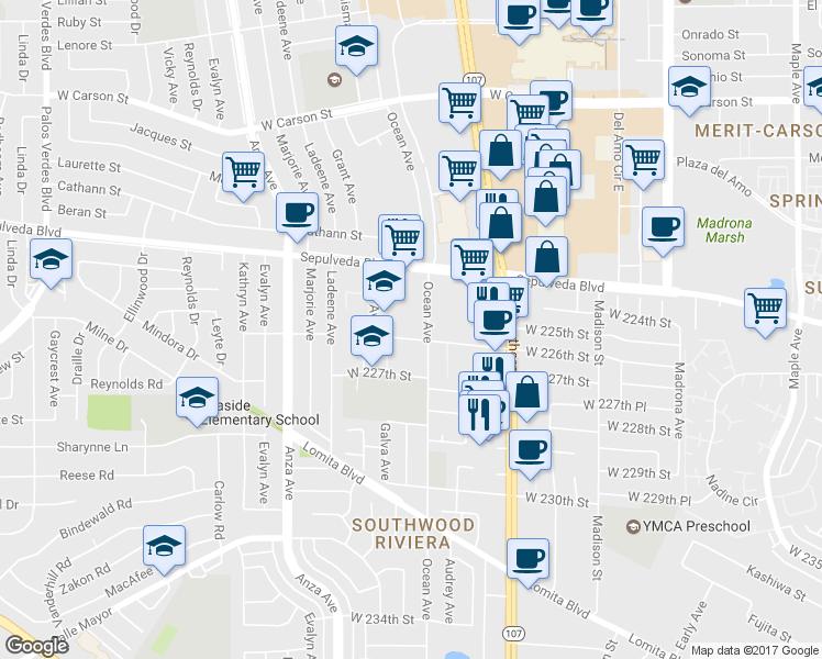 map of restaurants, bars, coffee shops, grocery stores, and more near 3919 226th Street in Torrance