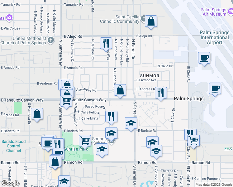 map of restaurants, bars, coffee shops, grocery stores, and more near 2300 East Tahquitz Canyon Way in Palm Springs