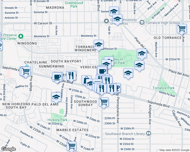 map of restaurants, bars, coffee shops, grocery stores, and more near 2355 Crenshaw Boulevard in Torrance