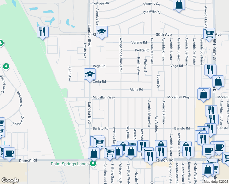 map of restaurants, bars, coffee shops, grocery stores, and more near 68236 Mccallum Way in Cathedral City