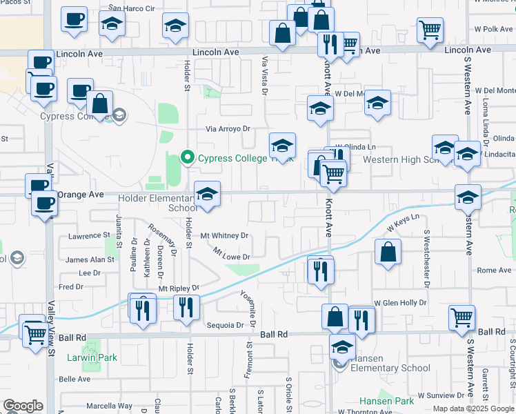 map of restaurants, bars, coffee shops, grocery stores, and more near 648 Alicia Way in Buena Park