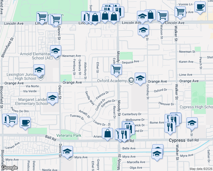 map of restaurants, bars, coffee shops, grocery stores, and more near 9556 Palermo Way in Cypress