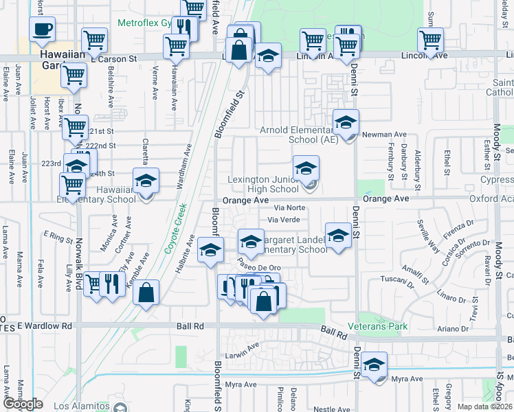 map of restaurants, bars, coffee shops, grocery stores, and more near 4152 Via Norte in Cypress