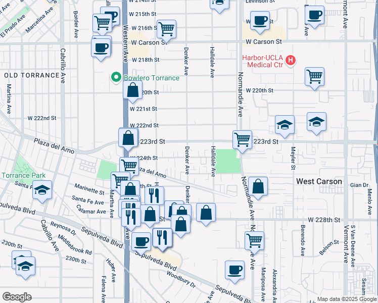 map of restaurants, bars, coffee shops, grocery stores, and more near 22328 Denker Avenue in Torrance