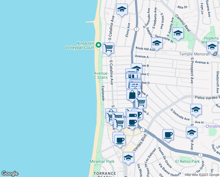 map of restaurants, bars, coffee shops, grocery stores, and more near 125 Avenue E in Redondo Beach