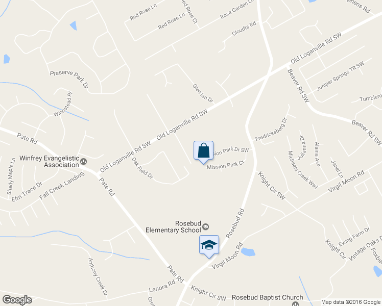 map of restaurants, bars, coffee shops, grocery stores, and more near 1753 Mission Park Drive Southwest in Loganville