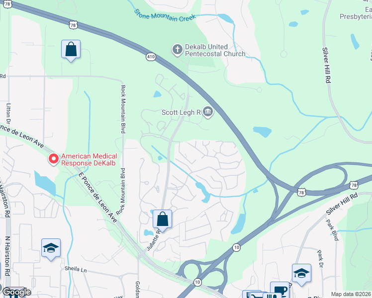 map of restaurants, bars, coffee shops, grocery stores, and more near 1457 Stone Mill Trce in Stone Mountain