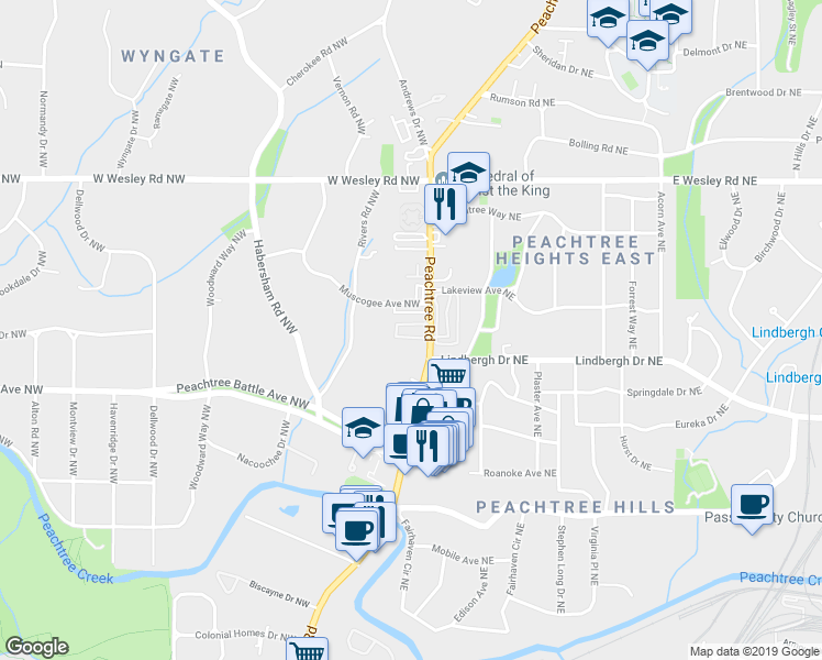 map of restaurants, bars, coffee shops, grocery stores, and more near 2520 Peachtree Road Northwest in Atlanta