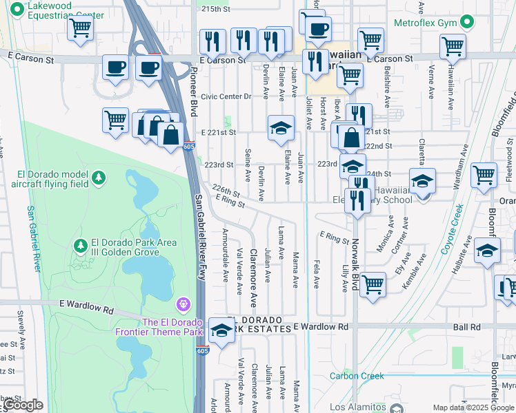 map of restaurants, bars, coffee shops, grocery stores, and more near 7901 East Ring Street in Long Beach