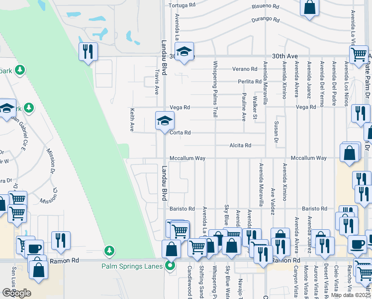 map of restaurants, bars, coffee shops, grocery stores, and more near 68095 Alcita Road in Cathedral City